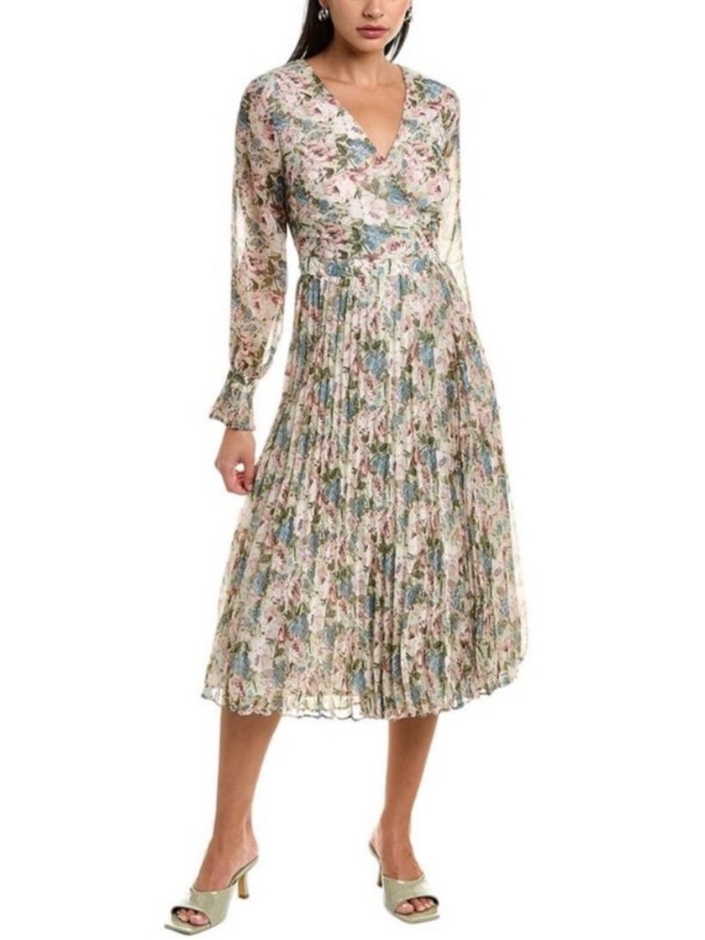 NEW En Saison Fleur Floral Chiffon Midi Dress Accordion Pleat Small